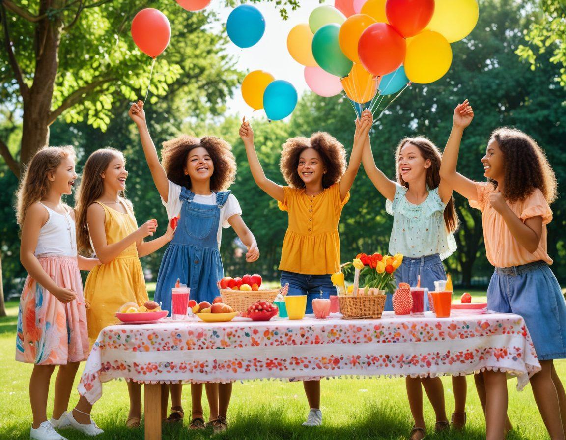 A vibrant scene depicting a diverse group of girls joyfully engaging in various interactive activities like dancing, crafting, and playing games in a sunny park. Colorful decorations and balloons fill the background, symbolizing positivity and community spirit. Expressive faces radiate happiness and friendship, while some of them share ideas around a picnic table. The atmosphere is bright and cheerful, featuring lush greenery and playful elements. super-realistic. vibrant colors. sunny day.
