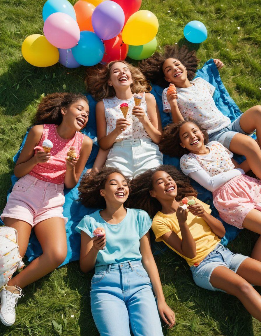 A vibrant, uplifting scene of diverse girls enjoying a day outdoors, laughing and playing games together under a bright blue sky. Include elements of friendship like shared ice cream, colorful balloons, and a picnic spread, surrounded by blooming flowers. Emphasize joy and connection through warm smiles and energetic movement. super-realistic. vibrant colors. white background.