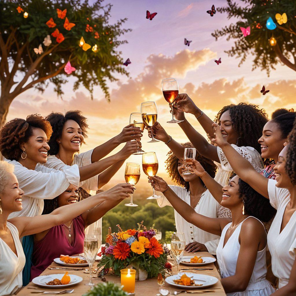 A vibrant gathering of diverse women of various ages and ethnicities, lifting their glasses in a toast, surrounded by colorful decorations that symbolize empowerment and unity. In the background, the sun sets, casting a warm glow, while butterflies flutter around, representing growth and transformation. Infuse elements of floral designs and soft textures to evoke warmth and connection. super-realistic. vibrant colors. soft focus.